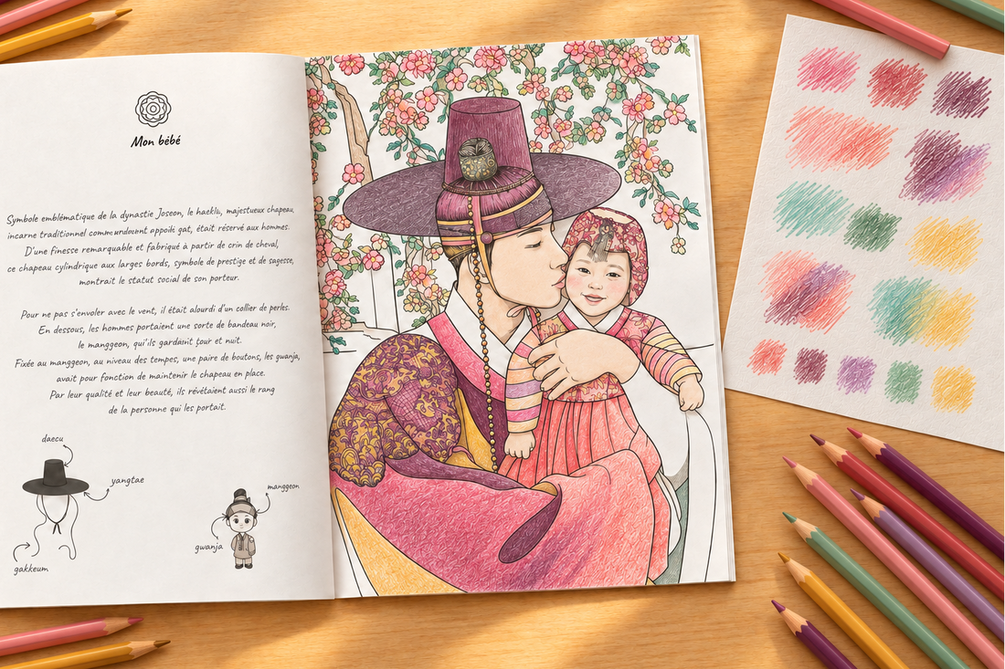 Album de coloriage sur les K-dramas historiques, ouvert avec des crayons de couleur et une feuille d’essais sur une table en bois clair.