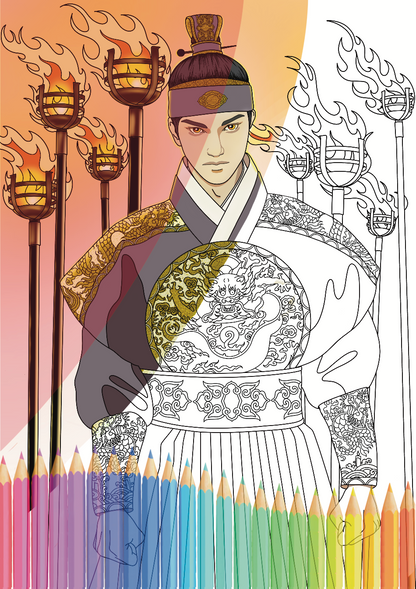 Dessin à colorier K-Drama Flambeaux – coloriage adulte K-drama historique
