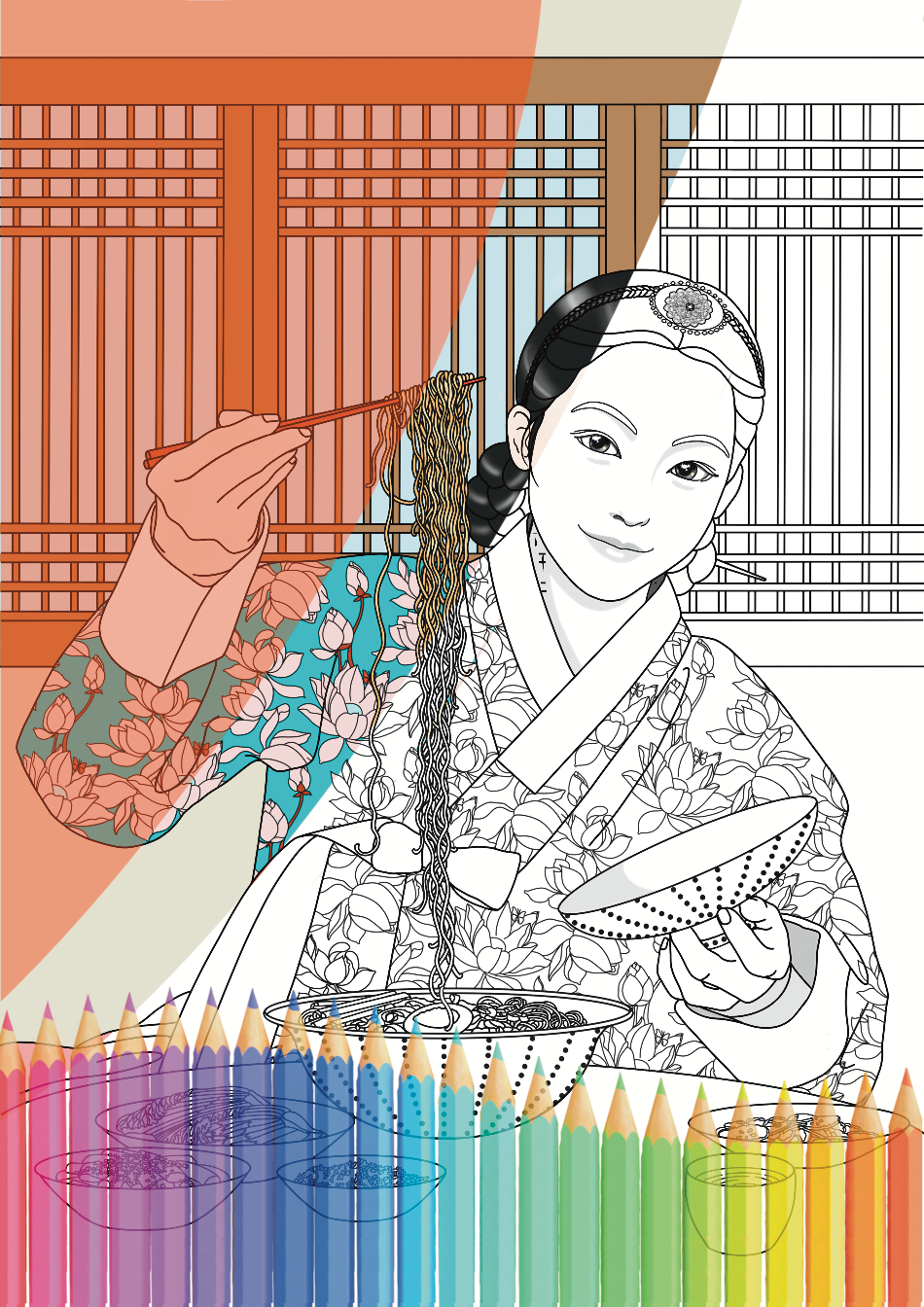 Illustration à colorier K-Drama Ramyeon – livre coloriage culture coréenne