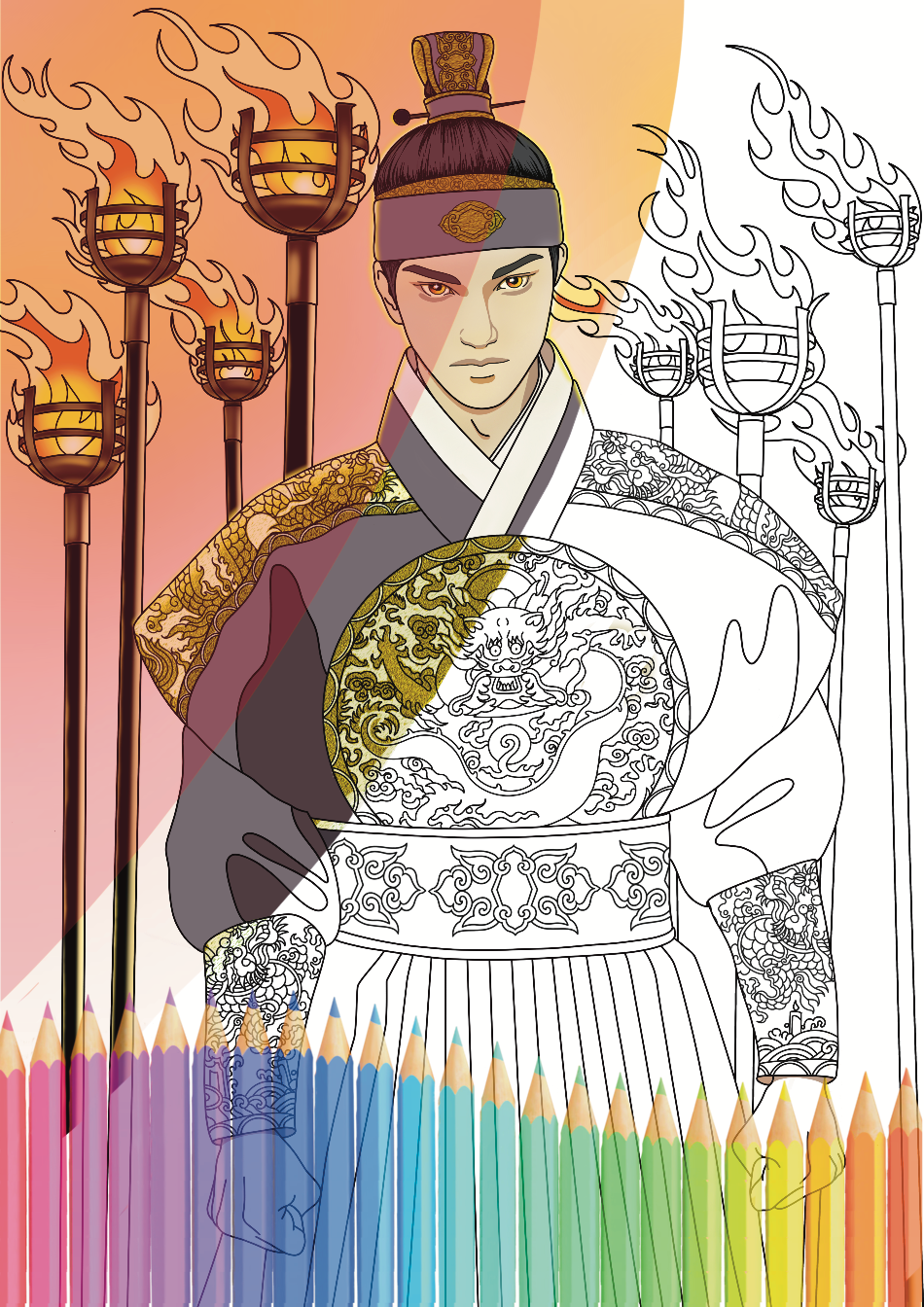 Dessin à colorier K-Drama broderie dragon – coloriage adulte K-drama historique
