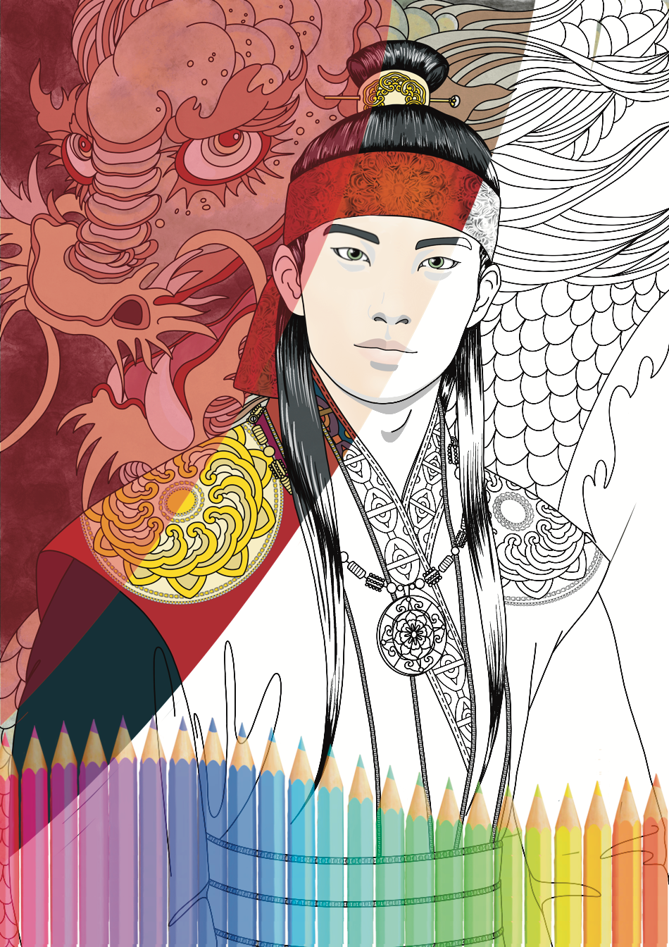 Illustration à colorier K-Drama Mon Dragon – livre coloriage adulte Sageuk