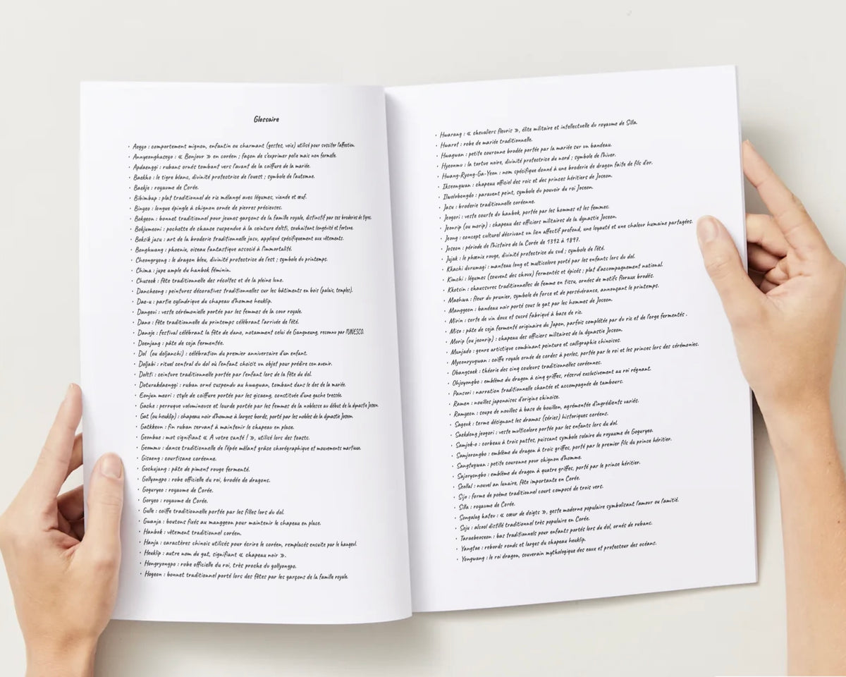 Page glossaire du livre de coloriage K-Dramas Sageuk avec des termes coréens