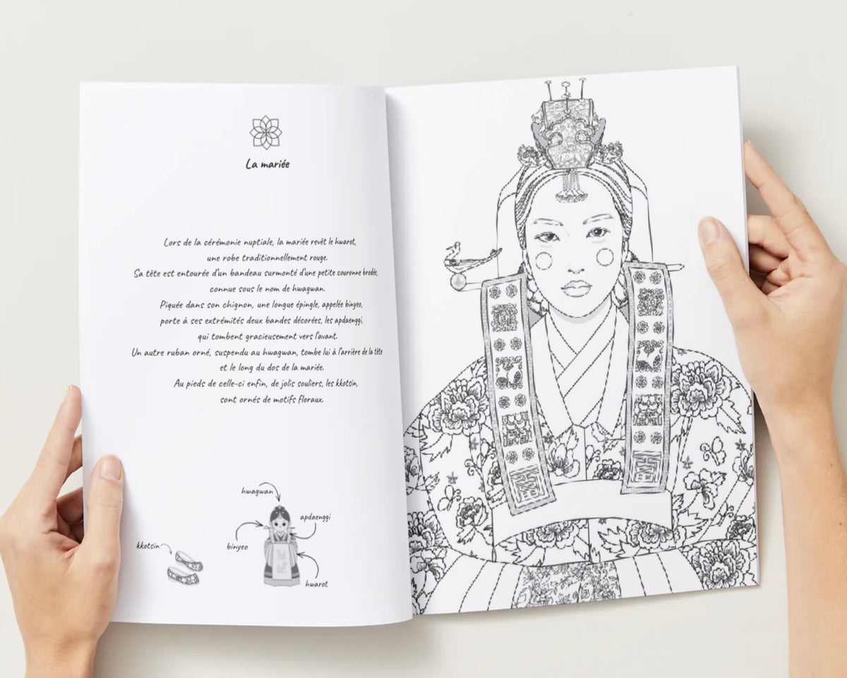 Page intérieure du livre de coloriage K-Dramas Sageuk avec une illustration et un texte culturel